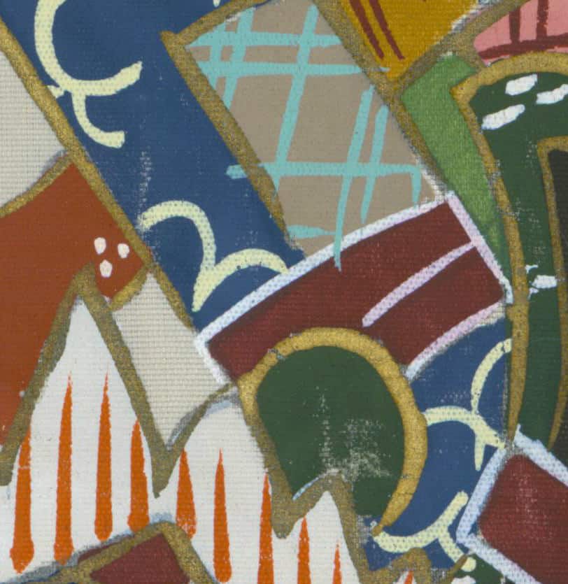 Abstract painting with geometric shapes in vibrant colors and curved lines