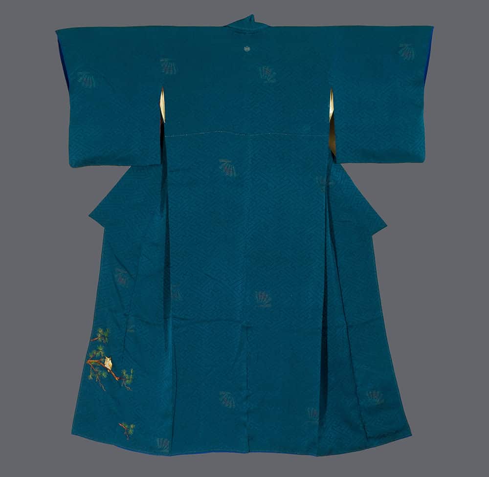 Deep teal Japanese kimono with subtle pattern and floral embroidery