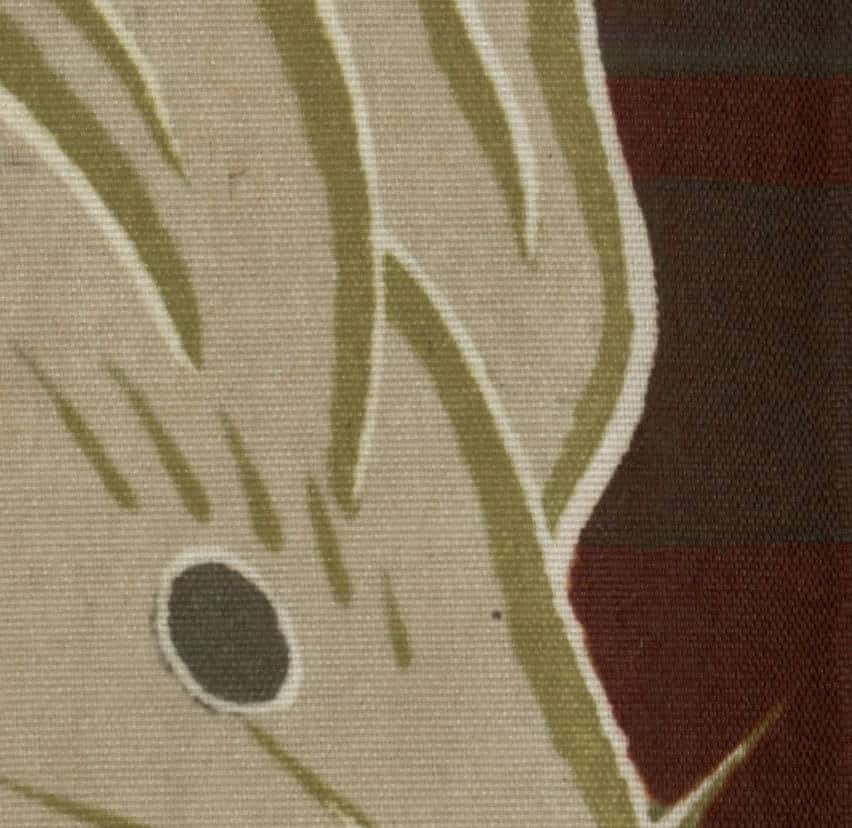 Abstract textile pattern with green leaf-like shapes on beige background