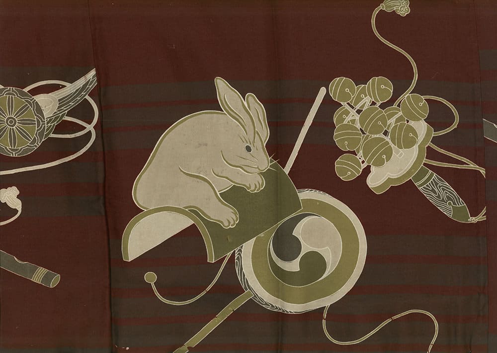Vintage Japanese illustration of a rabbit on curving geometric shapes