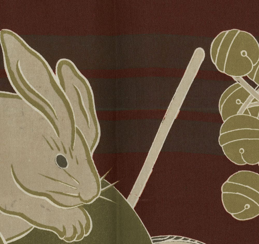 Stylized rabbit illustration with abstract green orbs on brown background