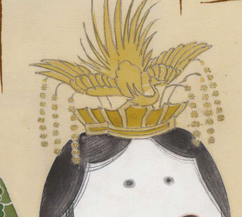 Stylized illustration of figure with winged crown in yellow and gray