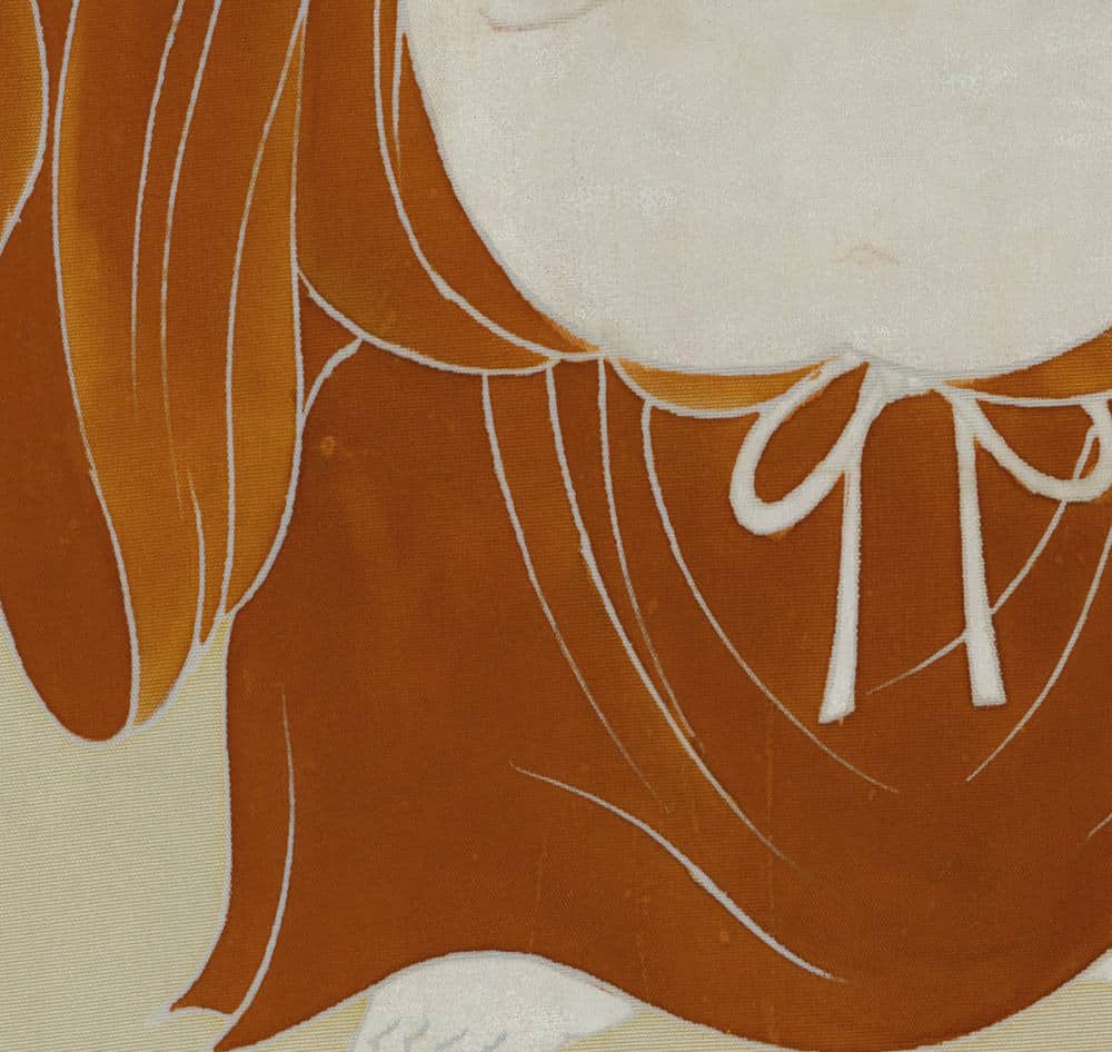 Abstract fabric with orange and white curved lines and geometric shapes