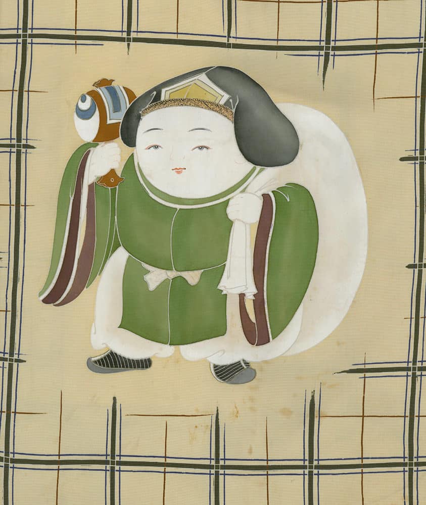 Traditional Japanese illustration of stylized figure in green with bird