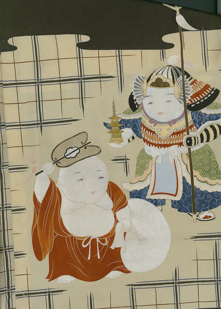 Traditional Japanese illustration of two stylized figures with pagoda