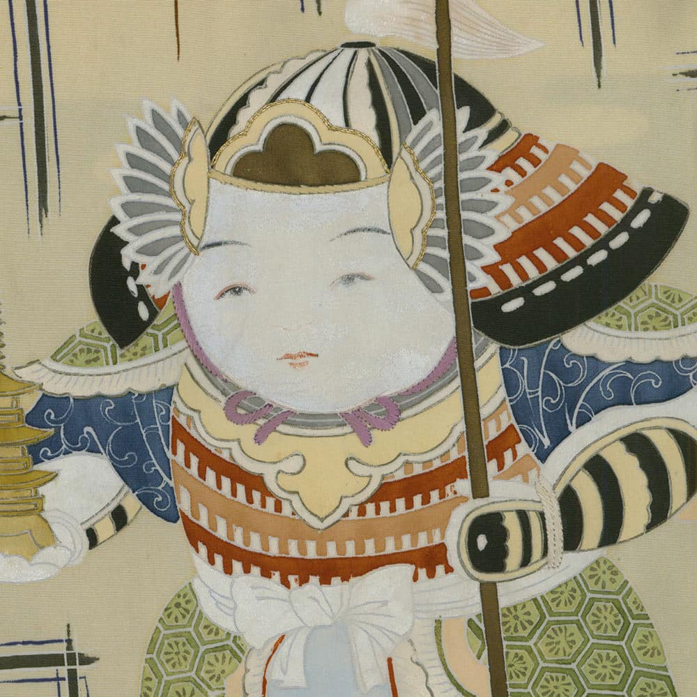 Stylized Japanese illustration of a smiling child in traditional decorative costume