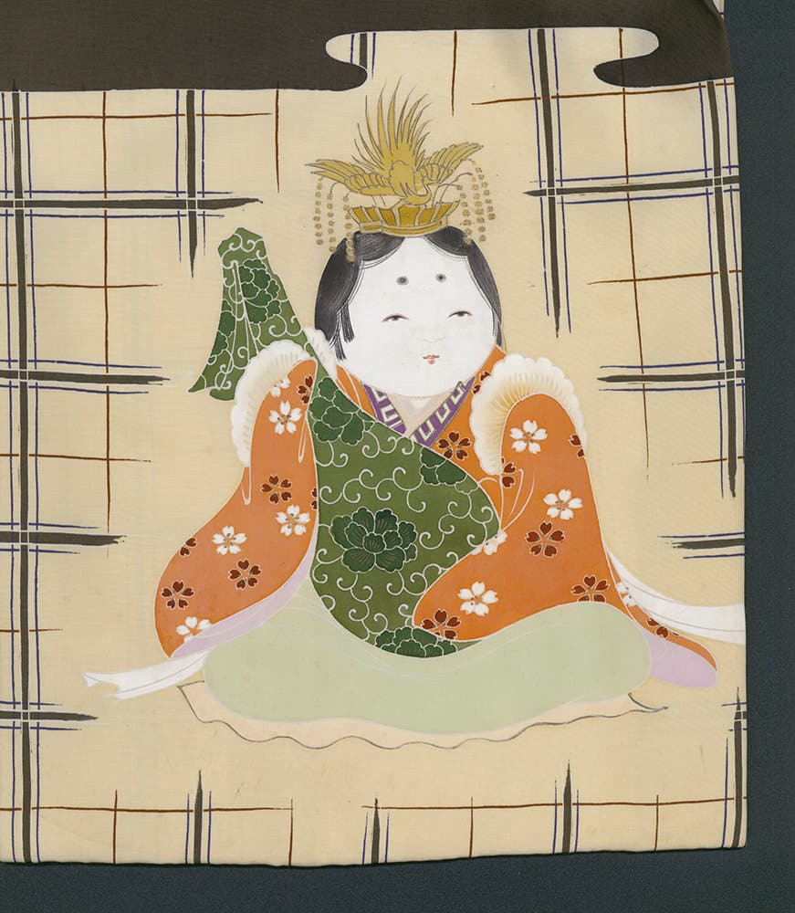 Traditional Japanese artwork of a seated figure in ornate kimono