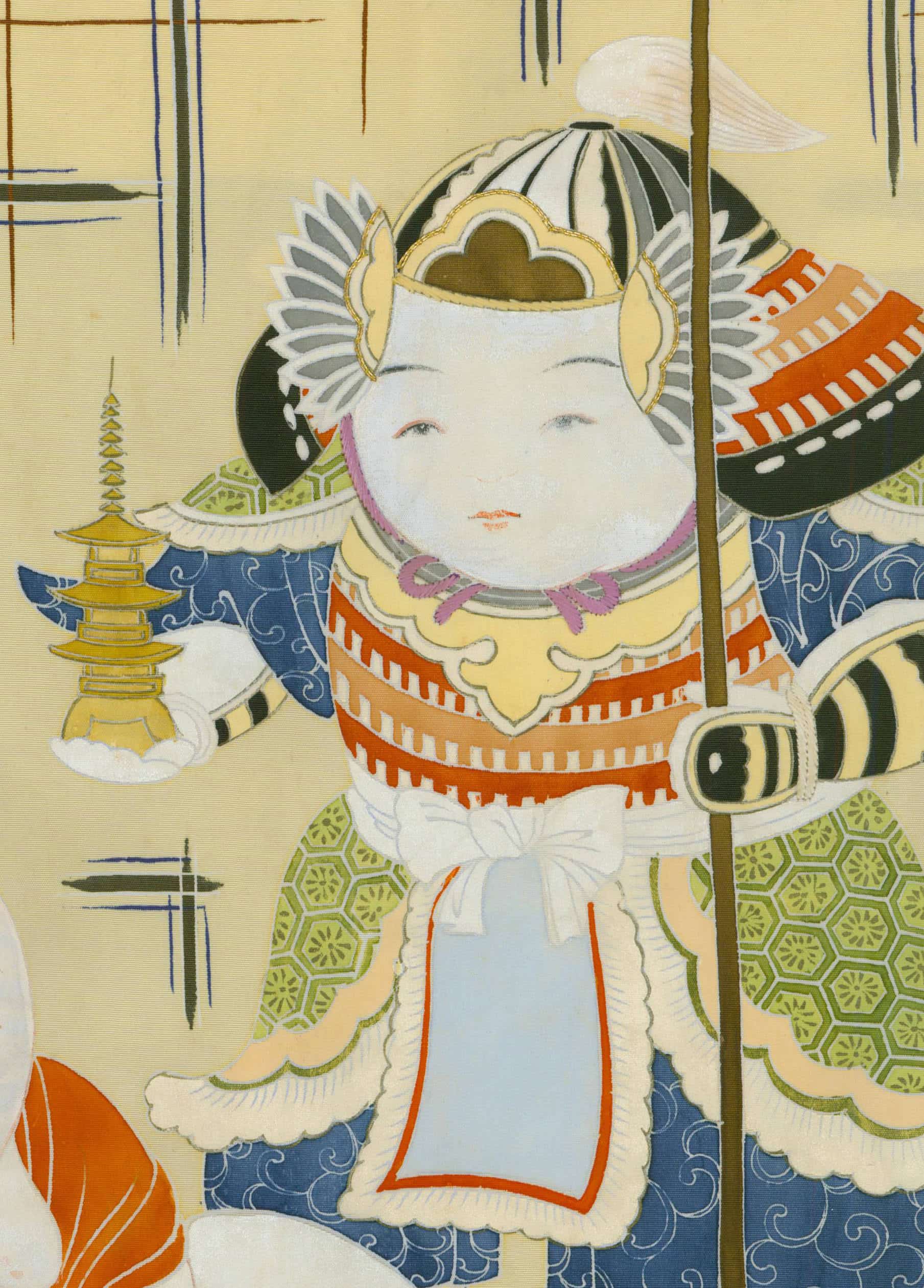 Japanese illustration of cute stylized figure with pagoda and decorative patterns