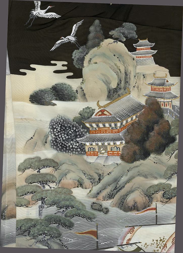 Japanese landscape with cranes, pagodas, mountains, and misty waves