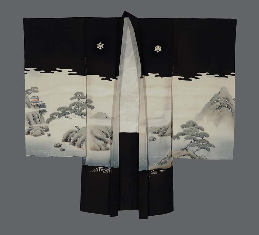 Black and white Japanese kimono with scenic mountain landscape
