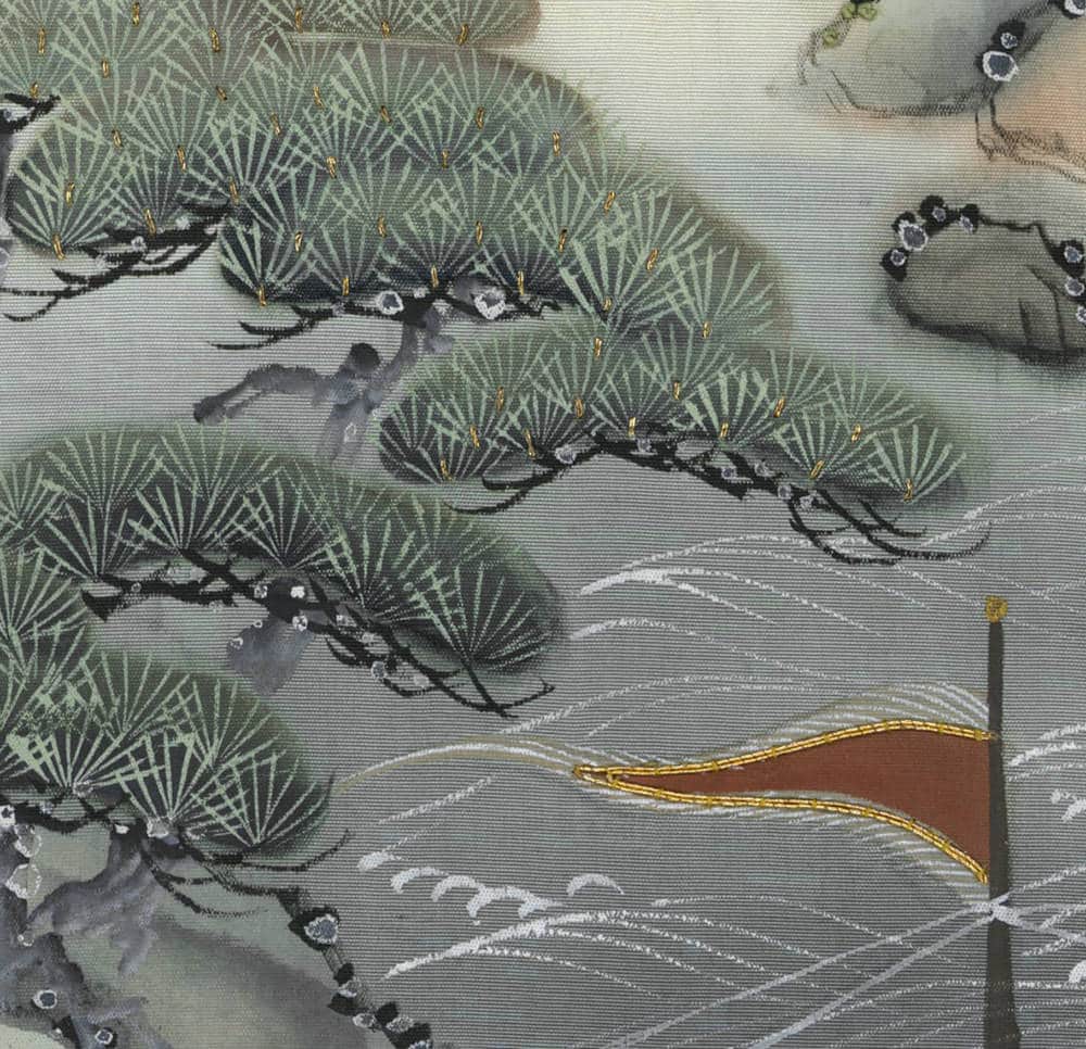 Japanese art detail with pine trees, waves, and a golden flag