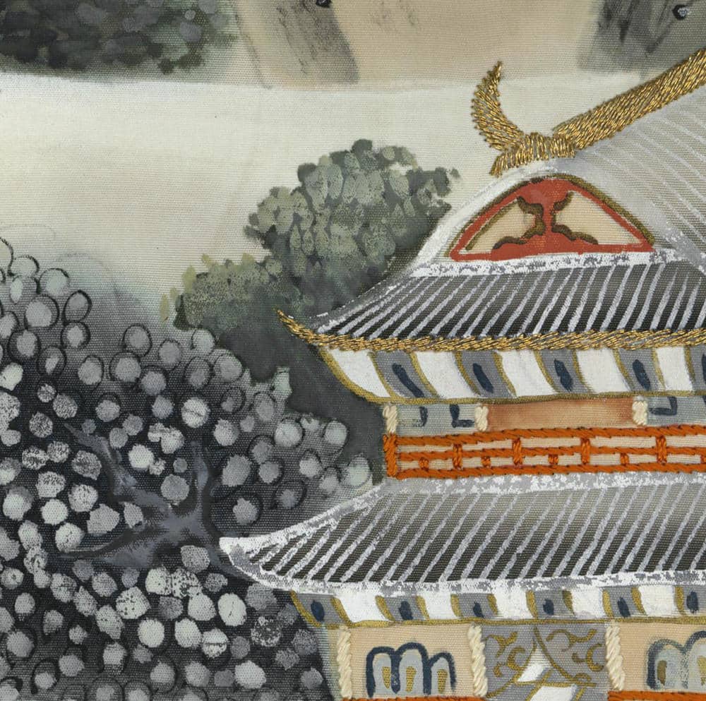 Traditional Japanese painting of temple with decorative tree and golden details