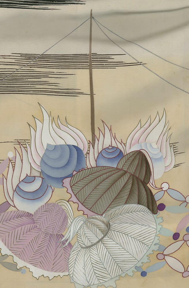 Abstract botanical illustration with leaves, flames, and geometric lines