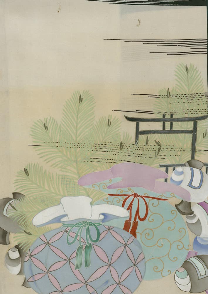 Japanese artwork with colorful wrapped parcels and palm leaves