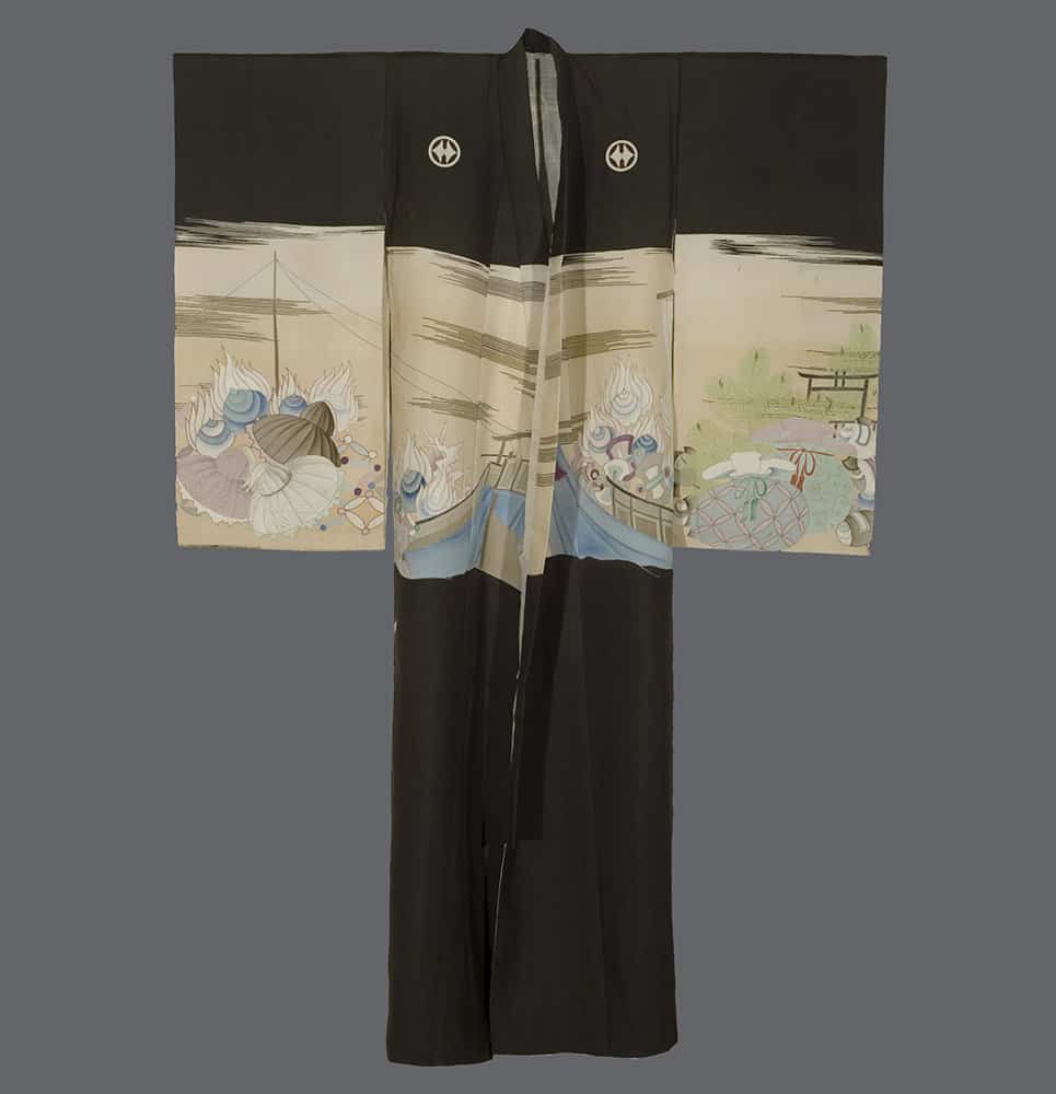 Traditional black Japanese kimono with scenic nautical painting