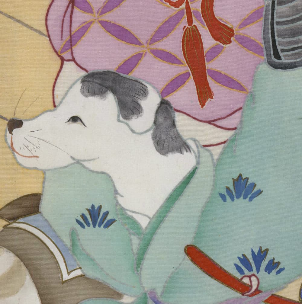 Vintage Japanese-style illustration of a dog in a kimono