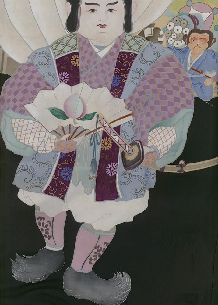 Traditional Japanese artwork of a figure in ornate kimono with fan and monkey