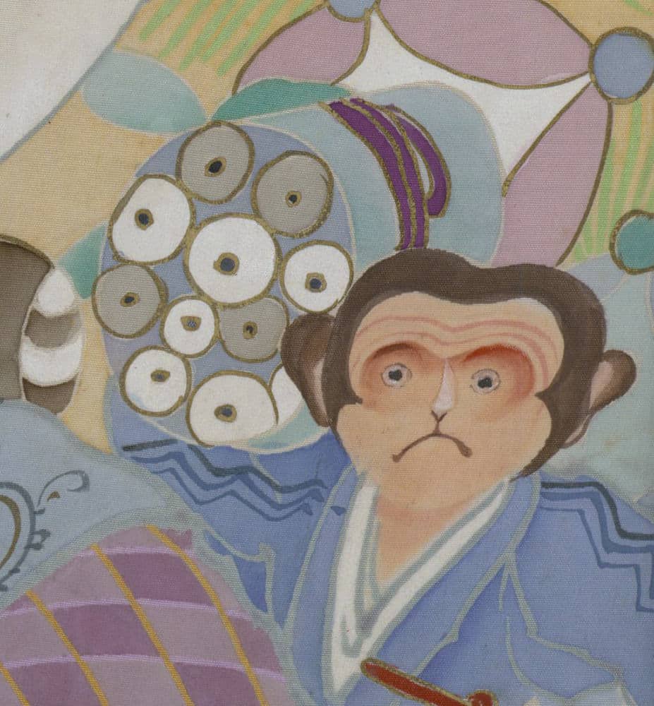 Stylized painting of a sad monkey with multiple eyes and geometric background