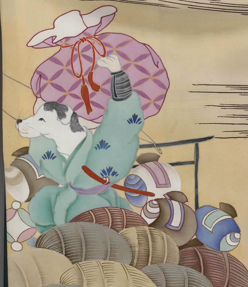 Japanese-style illustration of a dog wearing traditional clothing among barrels