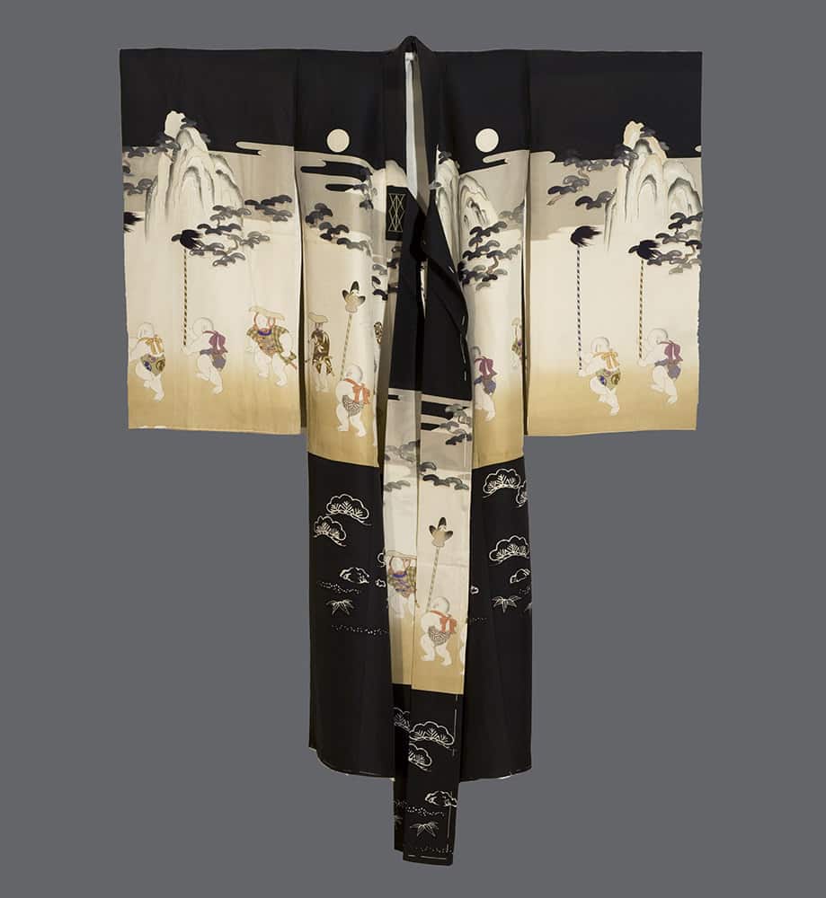 Traditional Japanese kimono with scenic landscape and figures on black background