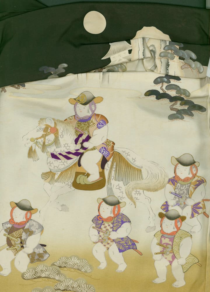 Japanese woodblock print of horse rider and figures under full moon