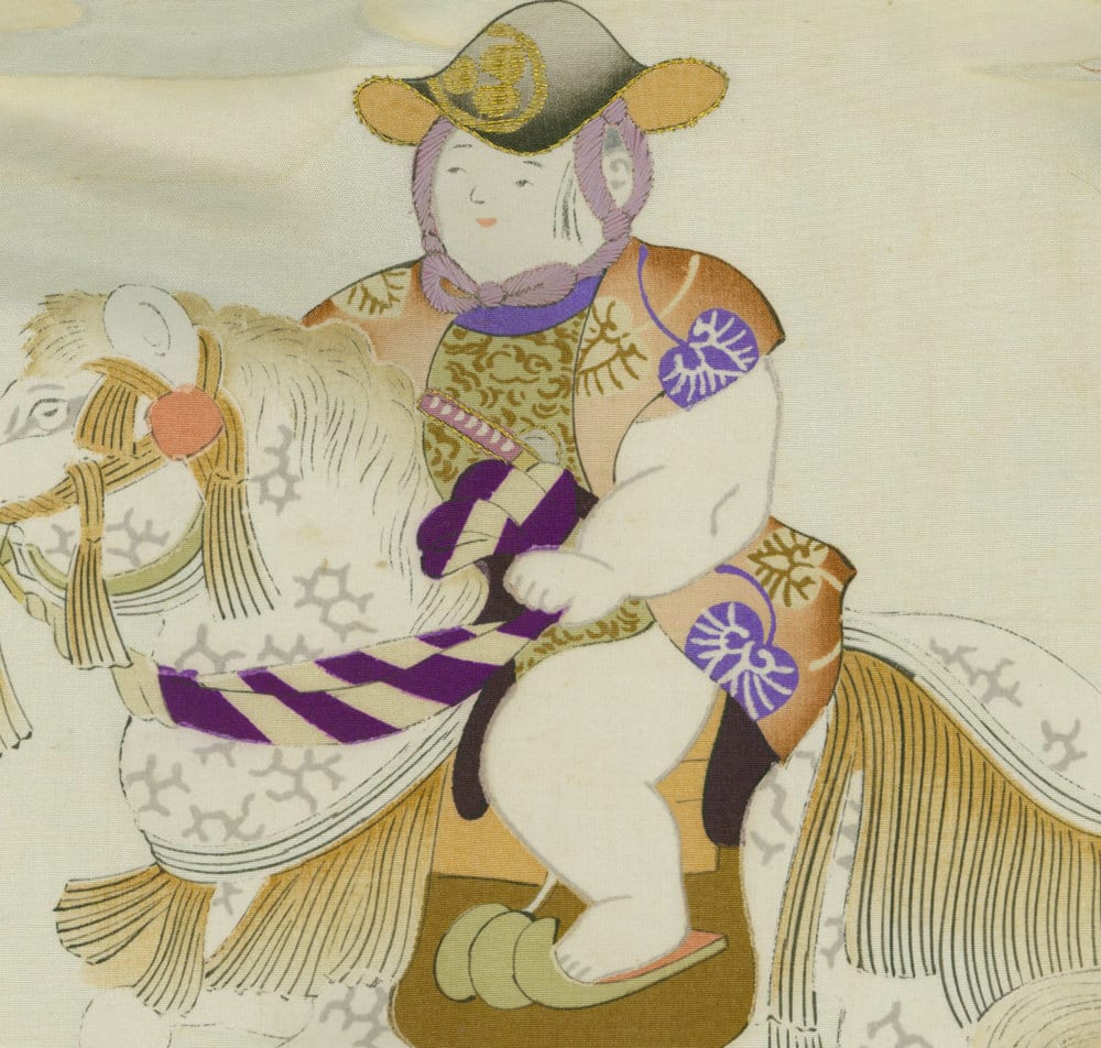 Japanese artwork of child in traditional hat riding a stylized horse