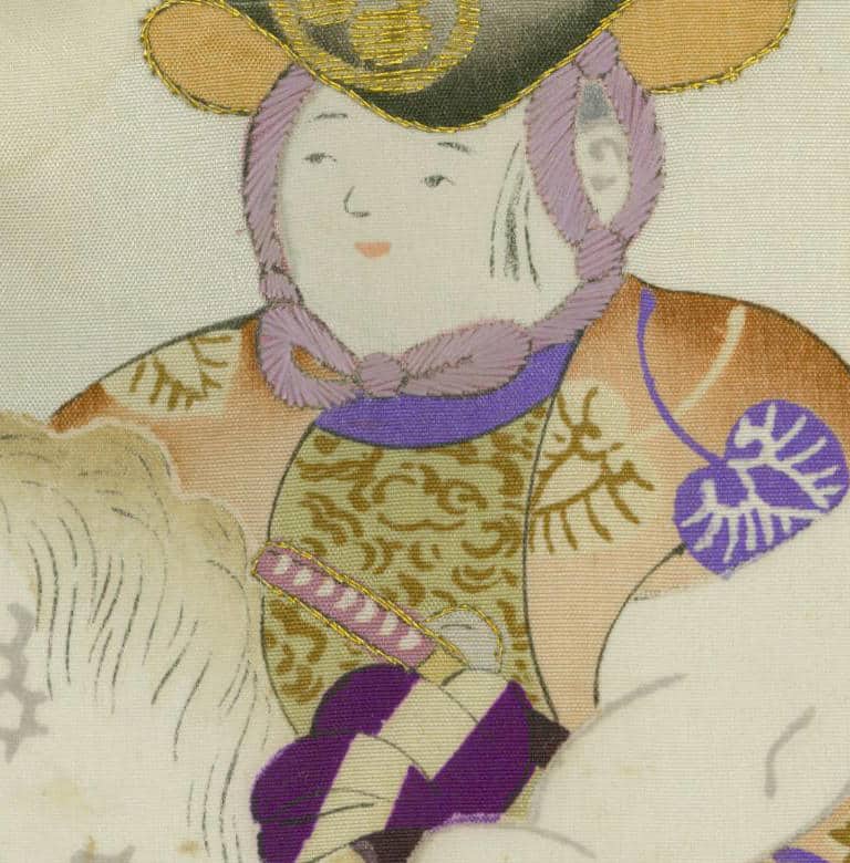 Traditional Japanese illustration of stylized figure in ornate costume