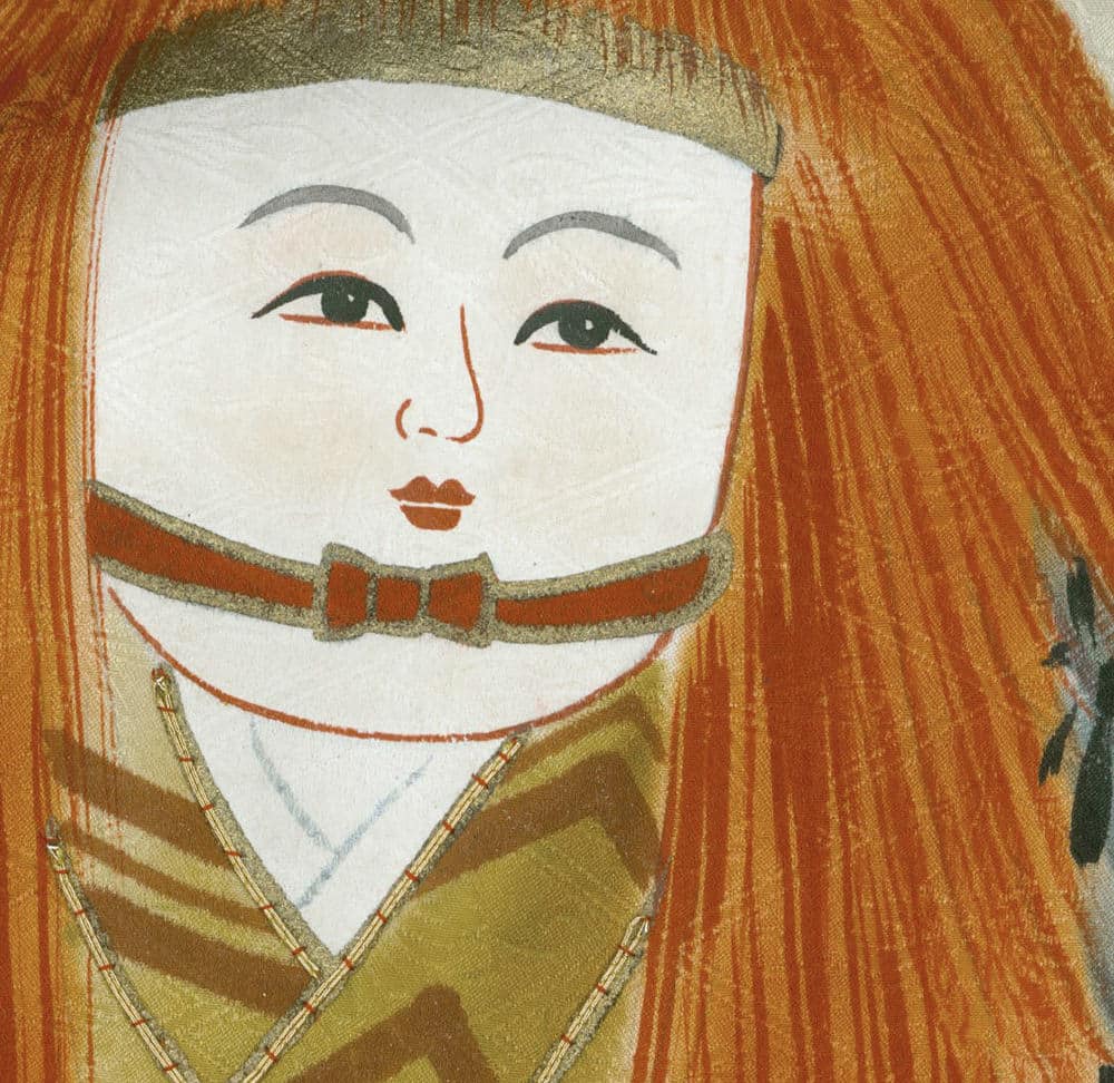 Stylized illustration of a doll with white face, orange hair, and bow tie