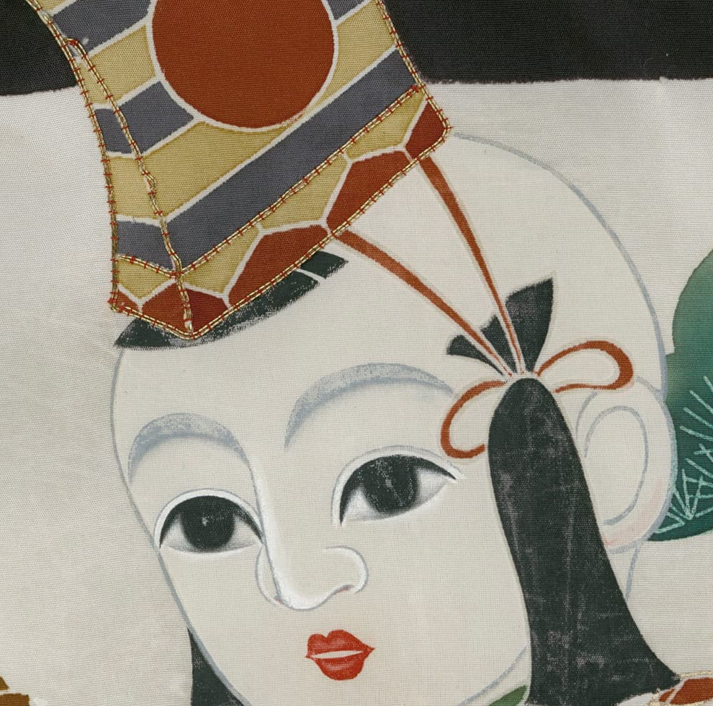 Stylized Japanese geisha face with geometric background and colorful details