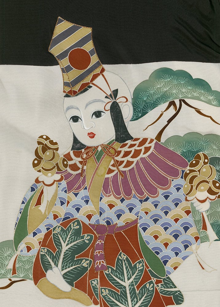 Traditional Japanese geisha illustration with colorful kimono and stylized landscape