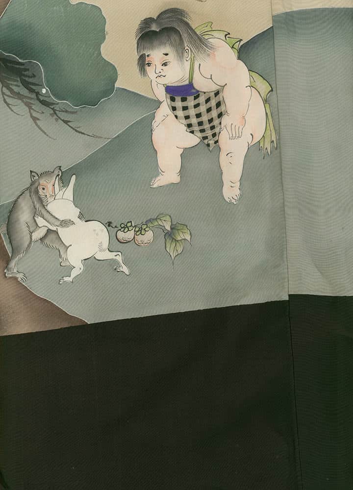 Japanese folklore illustration of child and animals near fruit and leaves