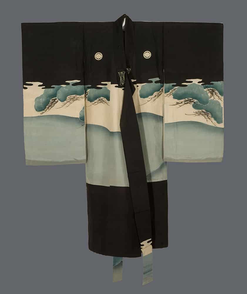 Black and blue Japanese kimono with scenic landscape design