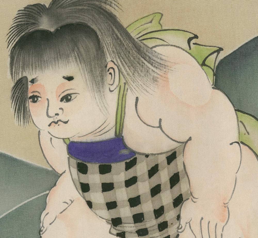 Japanese illustration of a child in checkered outfit with green bow