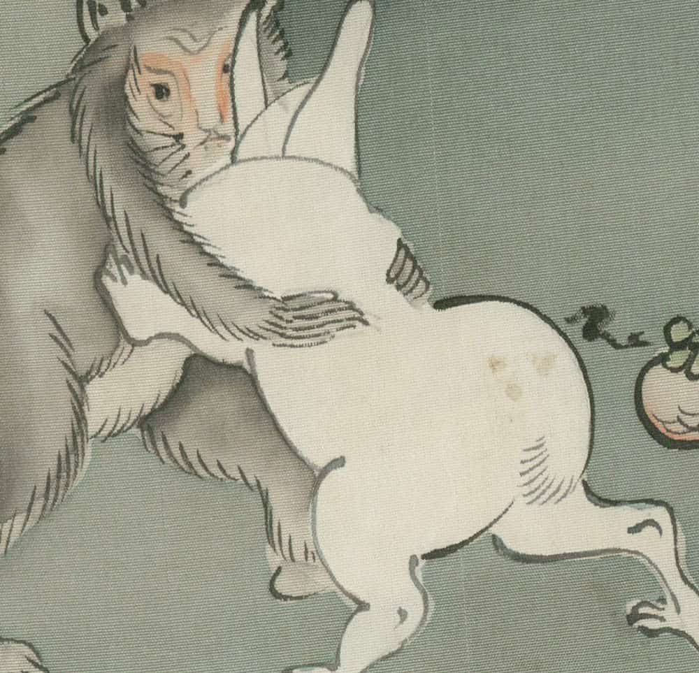 Vintage Japanese woodblock print of a white rabbit with textured lines