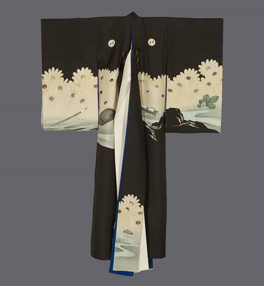 Black and white Japanese kimono with floral and landscape design