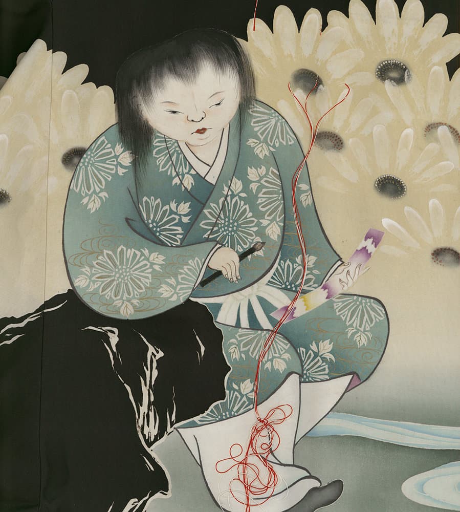 Traditional Japanese artwork of woman sewing with floral kimono and background