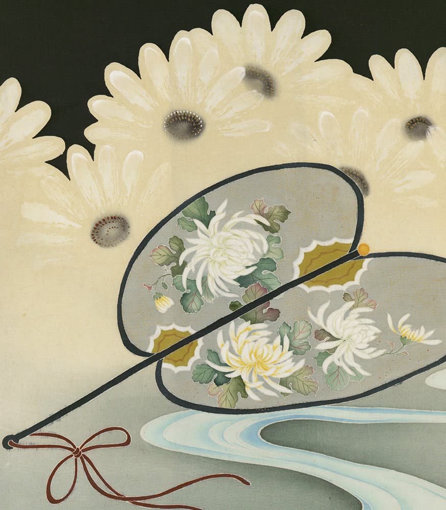 Delicate white chrysanthemums on fan with curving water and ribbon