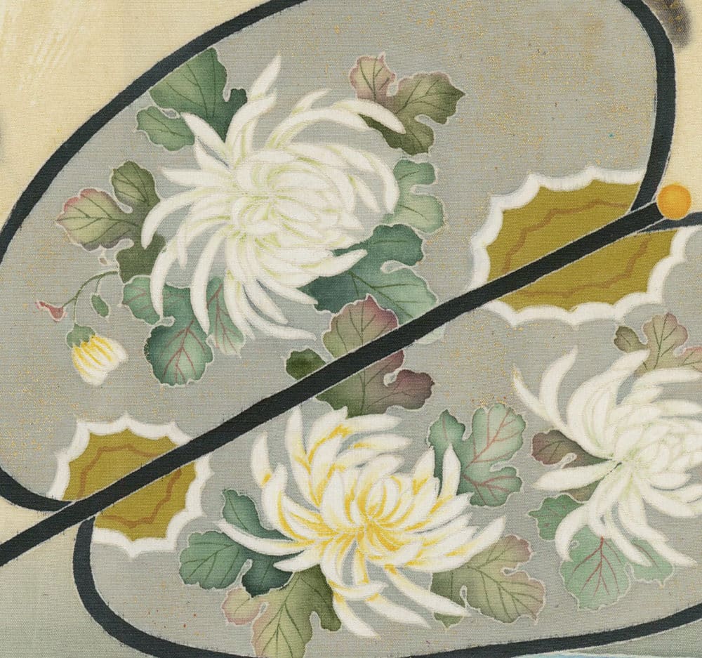 Vintage Japanese art print with white chrysanthemums and curved black lines