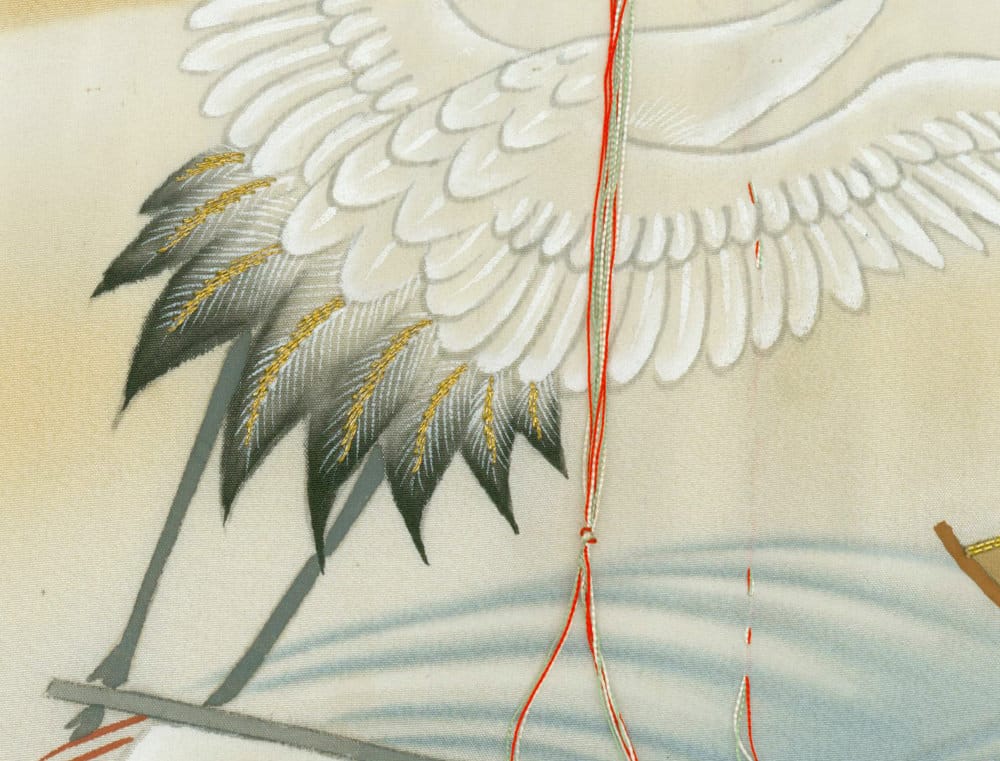 White crane with detailed feathers standing near red string and water