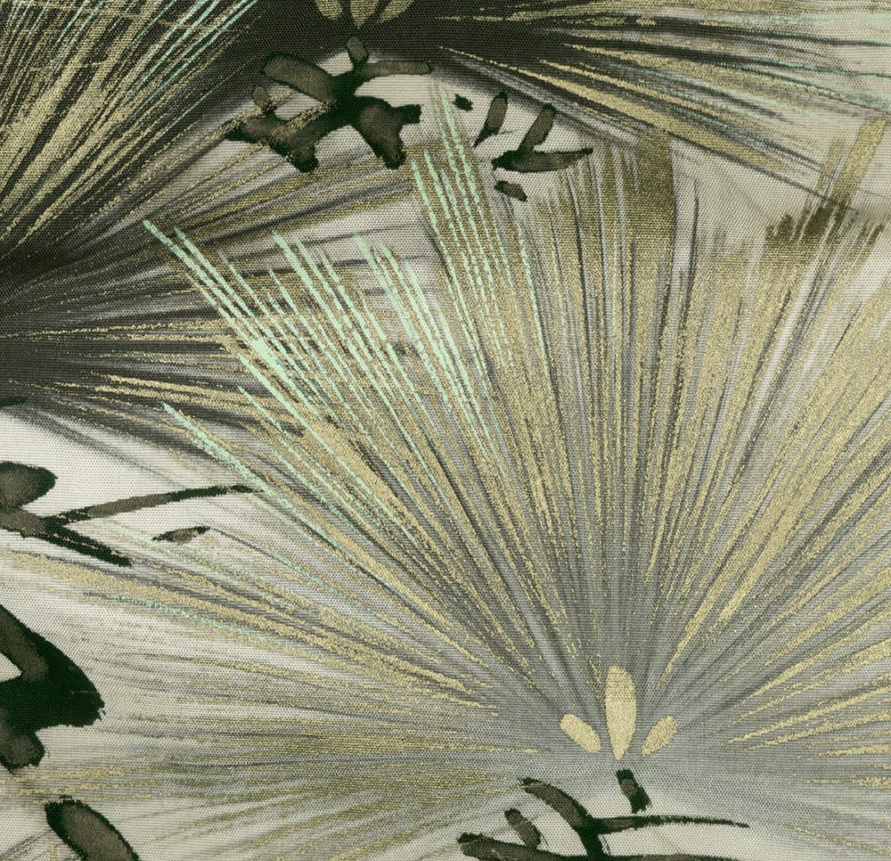 Detailed illustration of fan palm leaves in muted green and gold tones