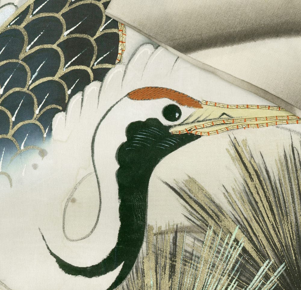 Elegant white crane with red details in traditional Japanese art style