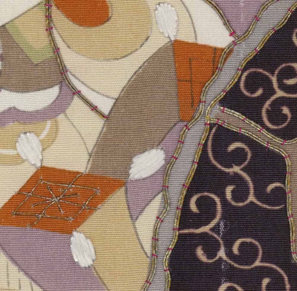 Textured fabric with geometric shapes, embroidered lines, and soft color palette