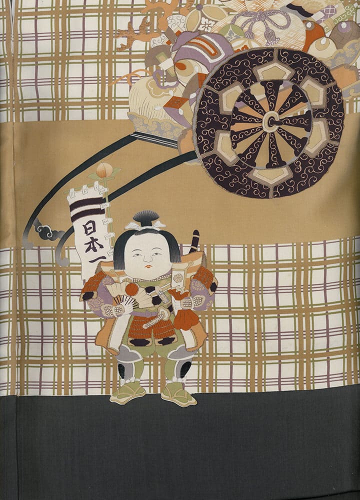 Traditional Japanese artwork with child figure, fan, and decorative wheel