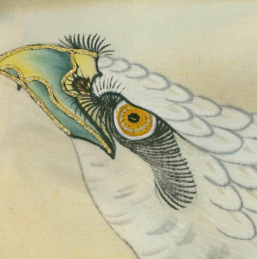 Detailed bird eye illustration with vibrant yellow and blue-green colors