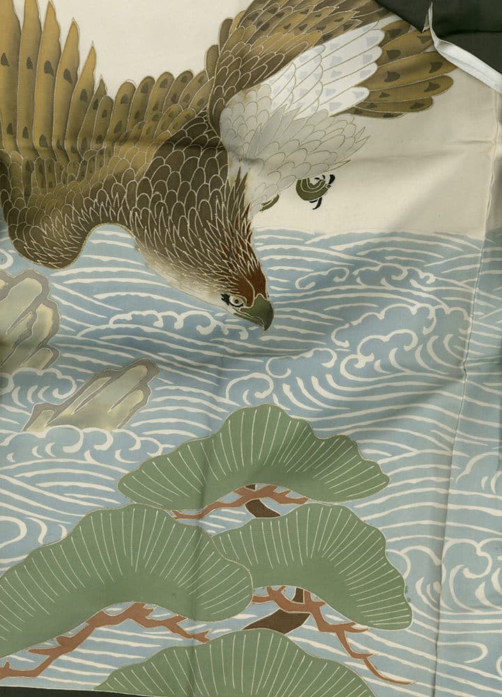 Hawk swooping over stylized waves and green pine branches in traditional artwork