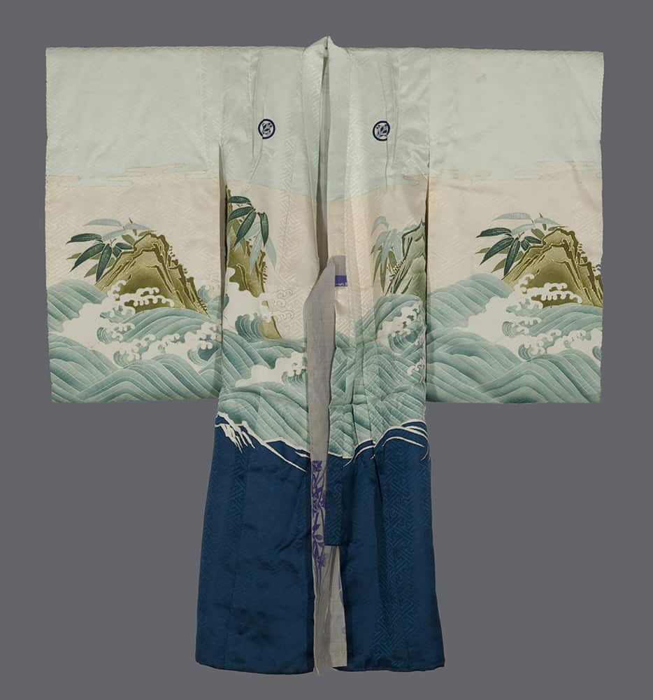 Traditional Japanese kimono with ocean waves and mountain landscape design