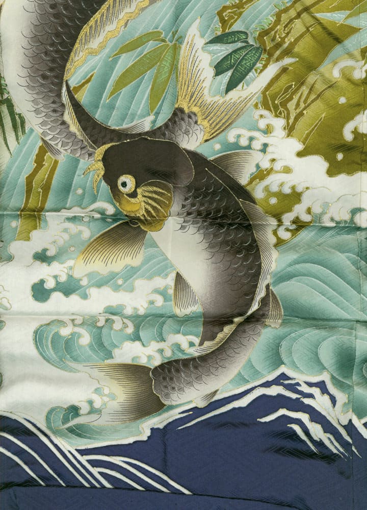 Japanese art of koi fish swimming through turbulent waves and foliage