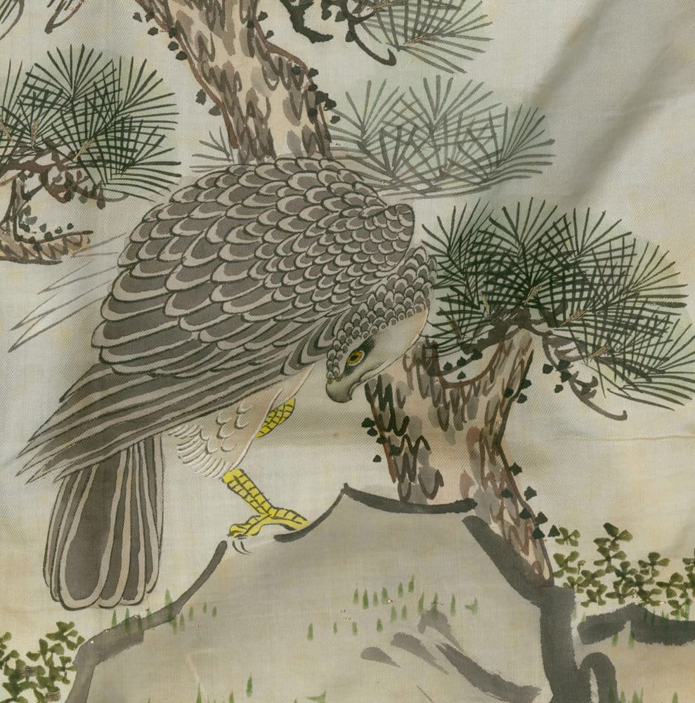 Grey hawk perched on branch among pine needles in traditional Asian artwork