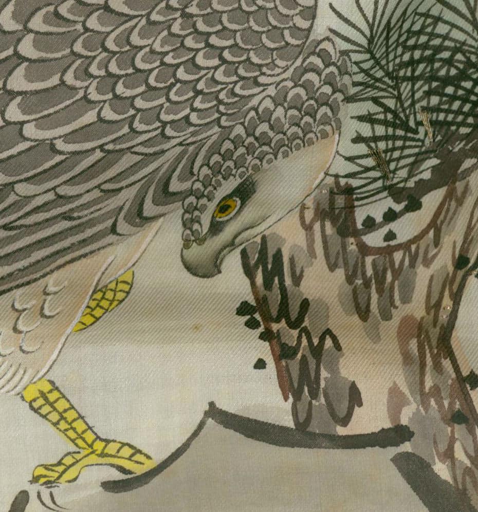 Vintage illustration of an eagle with yellow talons near tree branches