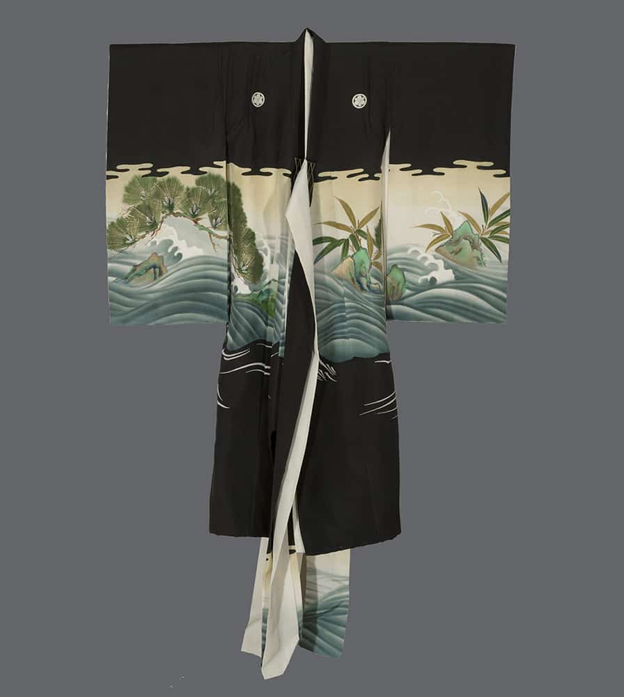 Black Japanese kimono with ocean waves, pine trees, and bamboo design